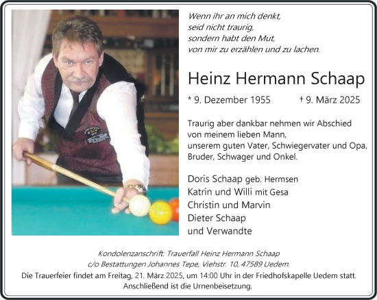 Traueranzeige von Heinz Hermann Schaap von NNA