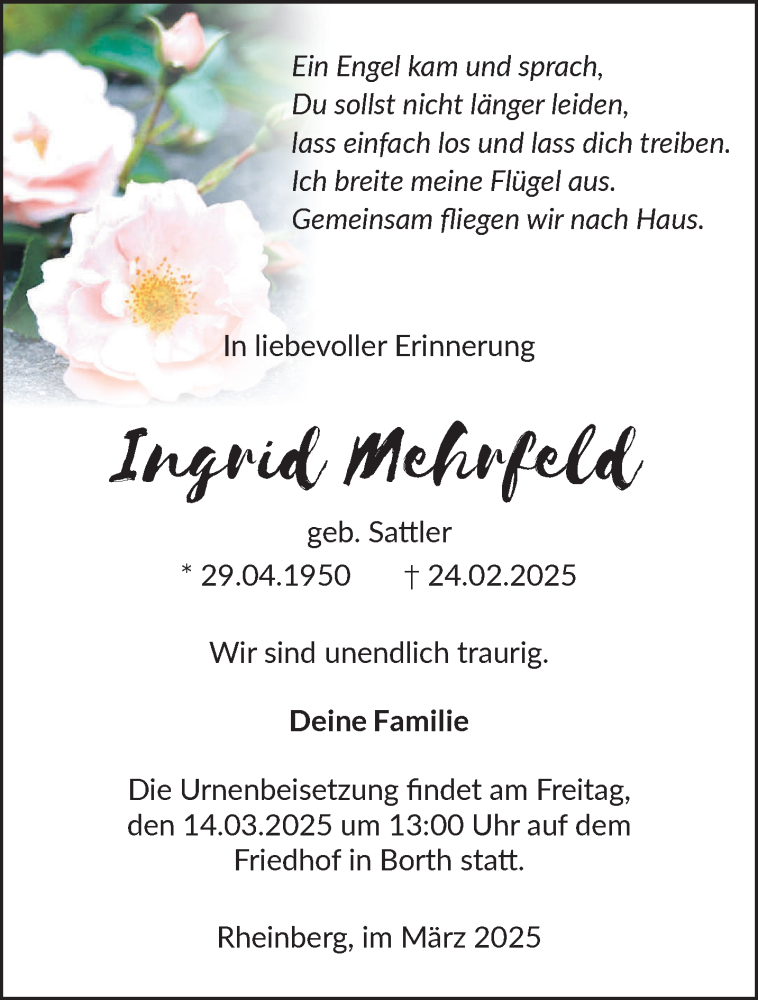  Traueranzeige für Ingrid Mehrfeld vom 05.03.2025 aus NNA
