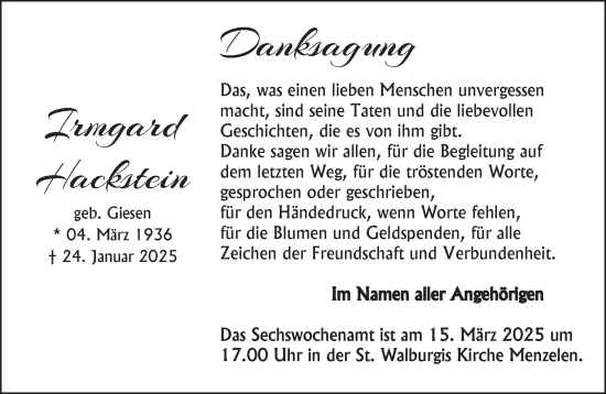 Traueranzeige von Irmgard Hackstein von NNA