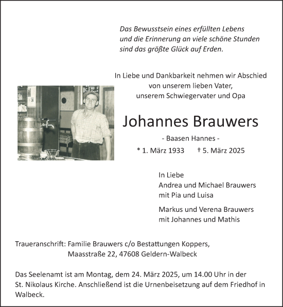 Traueranzeige von Johannes Brauwers von NNA