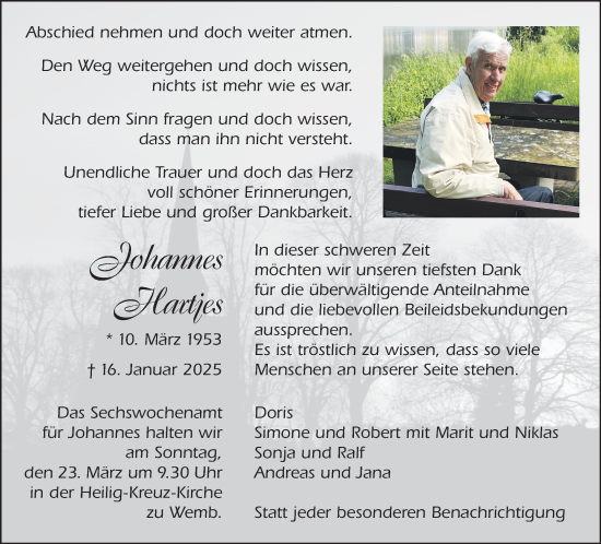 Traueranzeige von Johannes Hartjes von NNA
