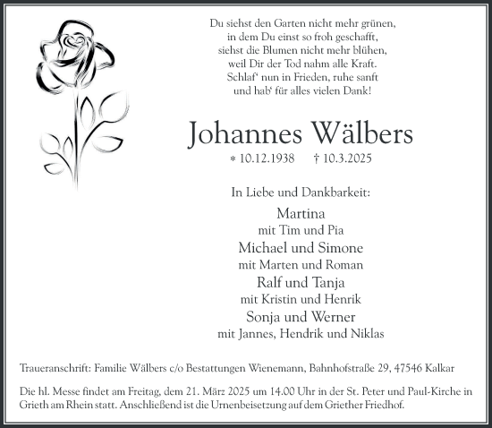 Traueranzeige von Johannes Wälbers von NNA