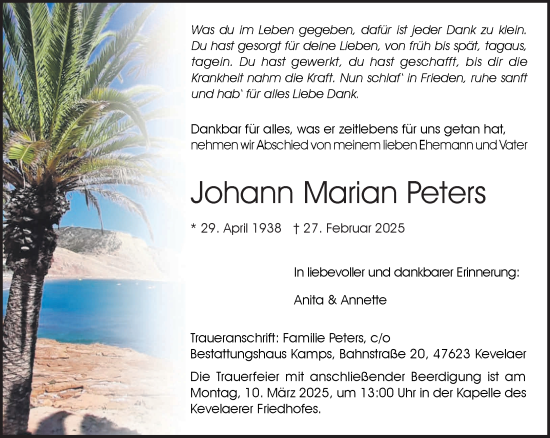 Traueranzeige von Johann Marian Peters von NNA