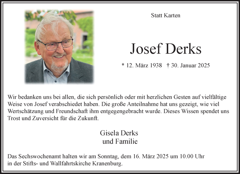 Traueranzeige für Josef Derks vom 08.03.2025 aus NNA