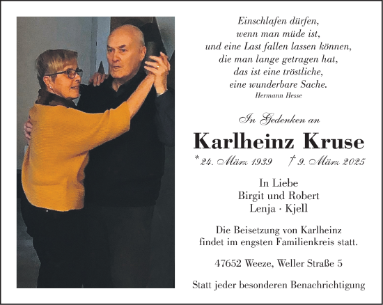 Traueranzeige von Karlheinz Kruse von NNA