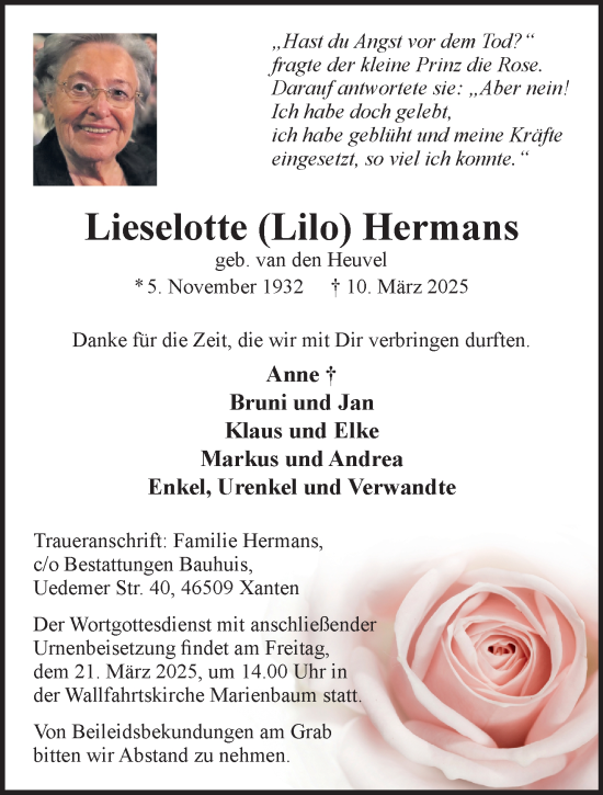 Traueranzeige von Lieselotte Hermans von NNA