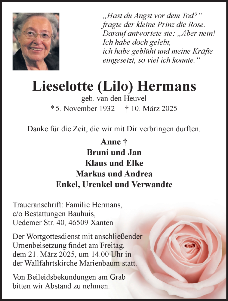  Traueranzeige für Lieselotte Hermans vom 15.03.2025 aus NNA
