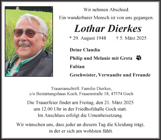 Traueranzeige von Lothar Dierkes von NNA