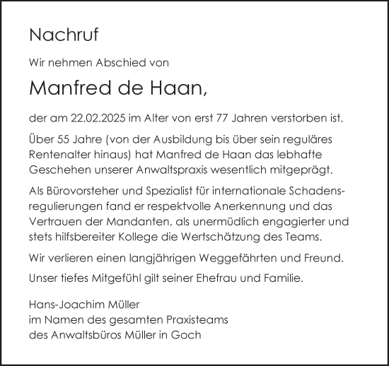 Traueranzeige von Manfred de Haan von NNA