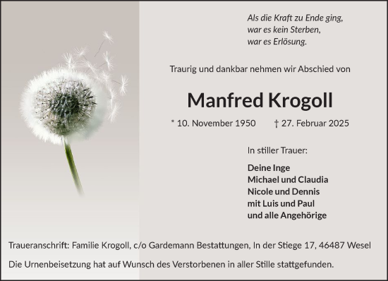 Traueranzeige von Manfred Krogoll von NNA