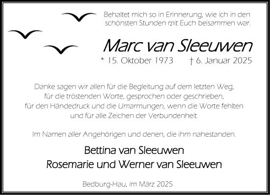 Traueranzeige von Marc van Sleeuwen von NNA