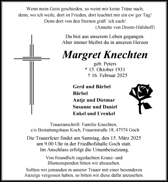 Traueranzeige von Margret Knechten von NNA