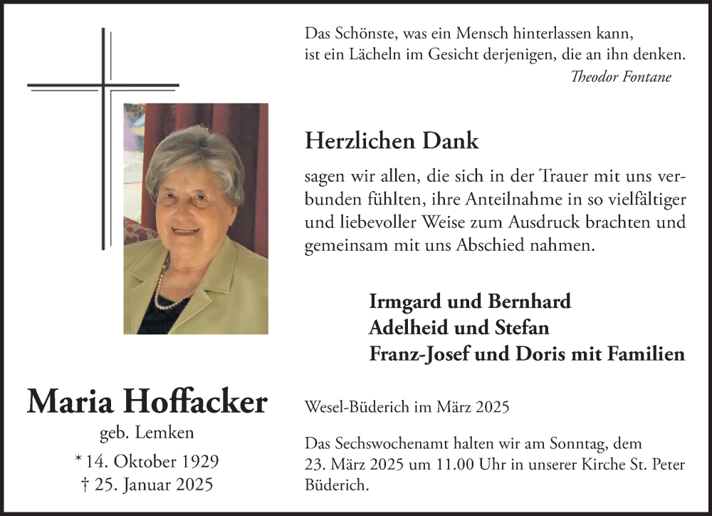  Traueranzeige für Maria Hoffacker vom 19.03.2025 aus NNA