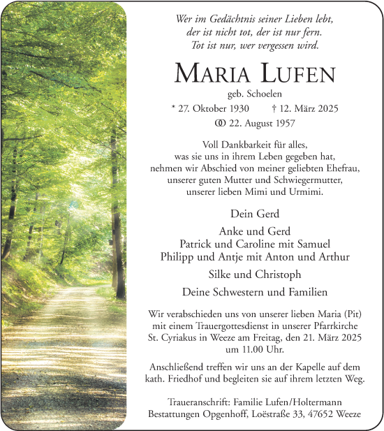 Traueranzeige von Maria Lufen von NNA