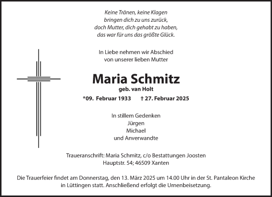 Traueranzeige von Maria Schmitz von NNA