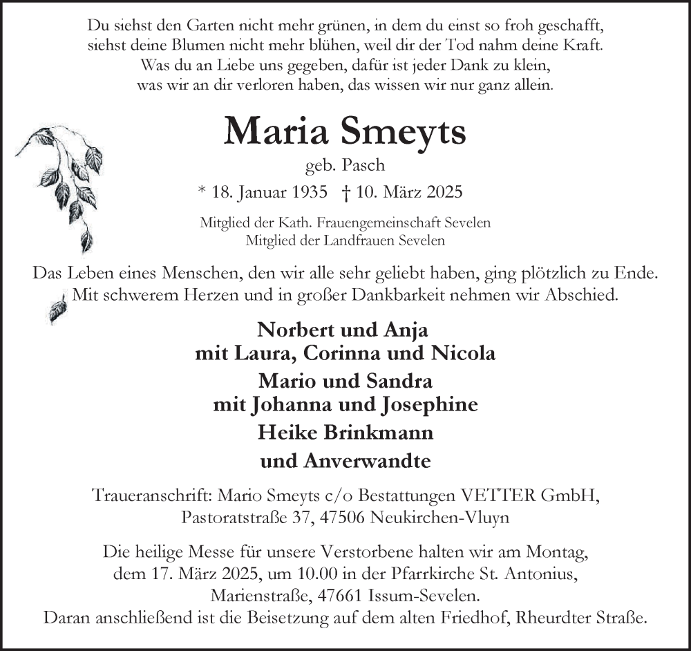  Traueranzeige für Maria Smeyts vom 15.03.2025 aus NNA