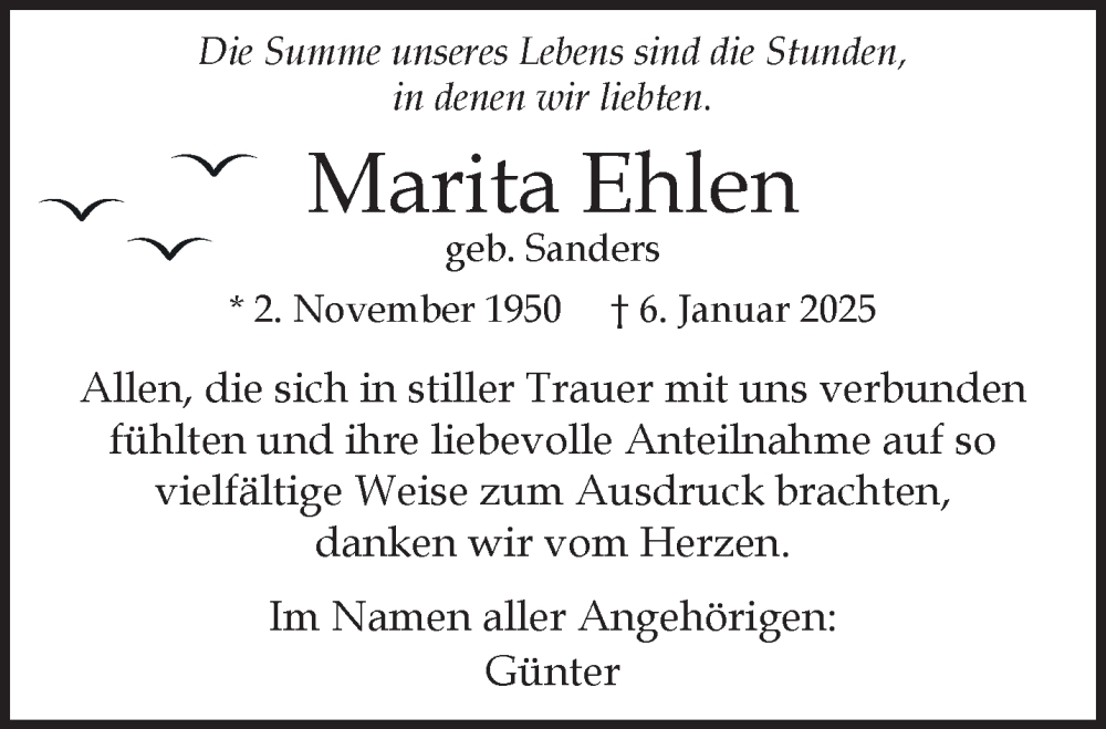  Traueranzeige für Marita Ehlen vom 15.03.2025 aus NNA