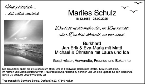 Traueranzeige von Marlies Schulz von NNA