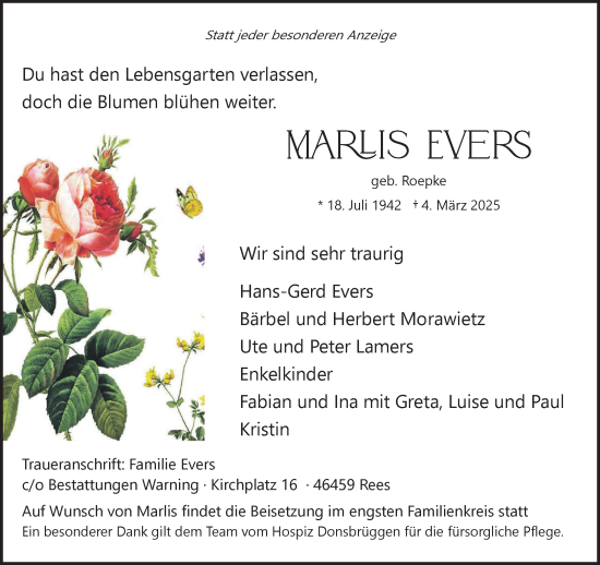 Traueranzeige von Marlis Evers von NNA