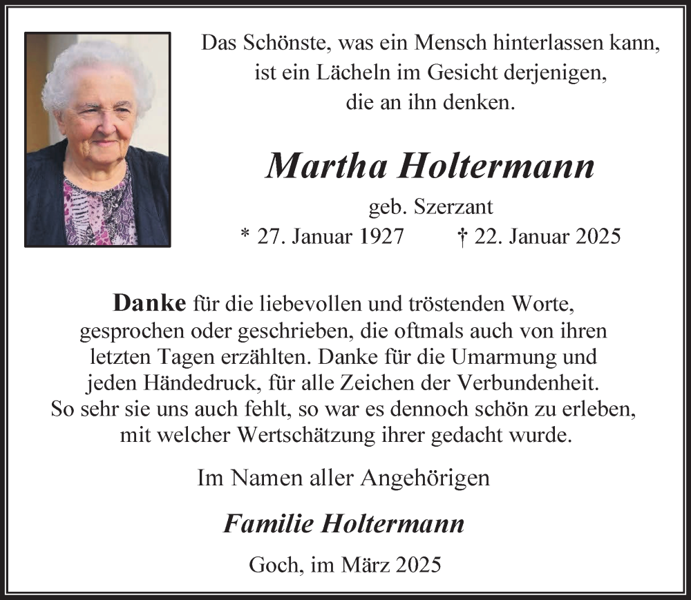  Traueranzeige für Martha Holtermann vom 15.03.2025 aus NNA