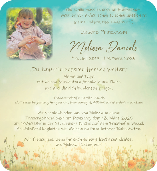 Traueranzeige von Melissa Daniels von NNA