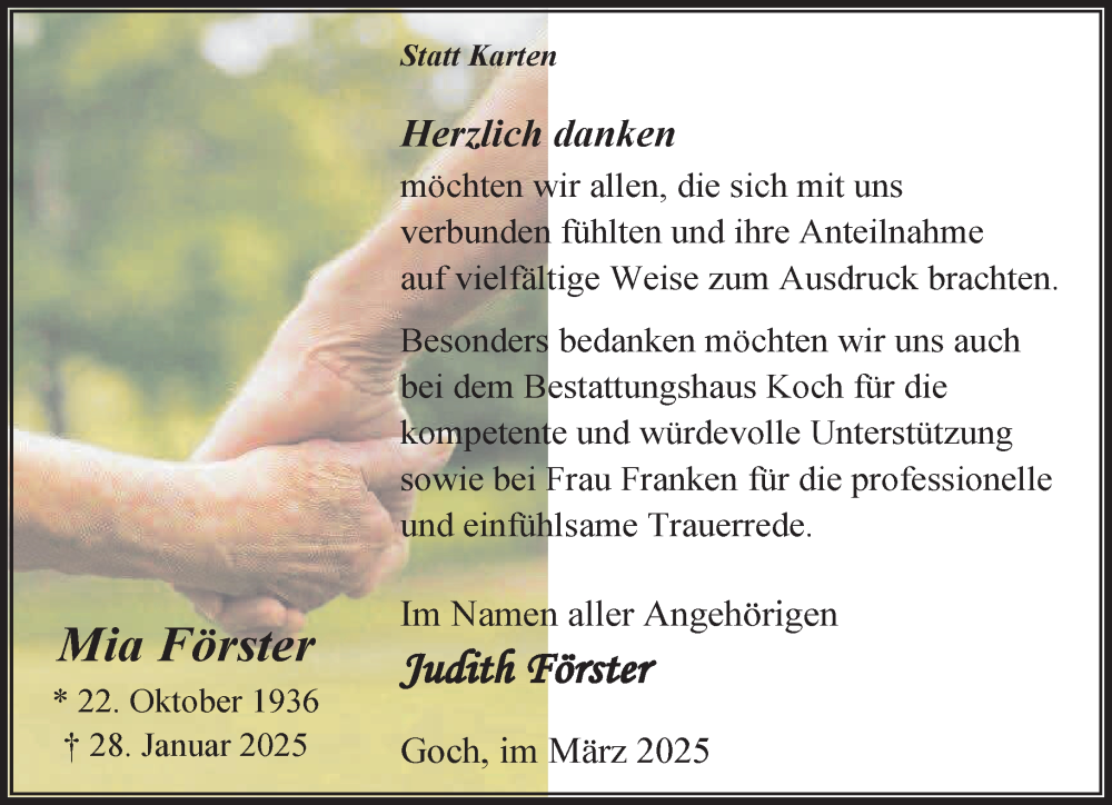  Traueranzeige für Mia Förster vom 08.03.2025 aus NNA
