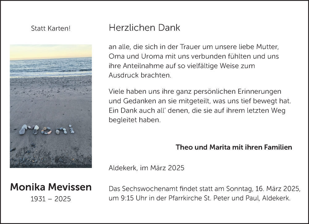  Traueranzeige für Monika Mevissen vom 08.03.2025 aus NNA