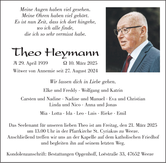 Traueranzeige von Theo Heymann von NNA
