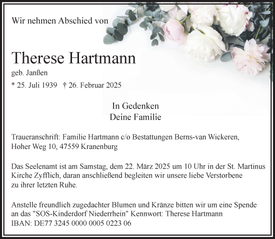 Traueranzeige von Therese Hartmann von NNA