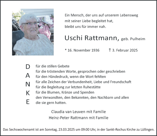 Traueranzeige von Uschi Rattmann von NNA