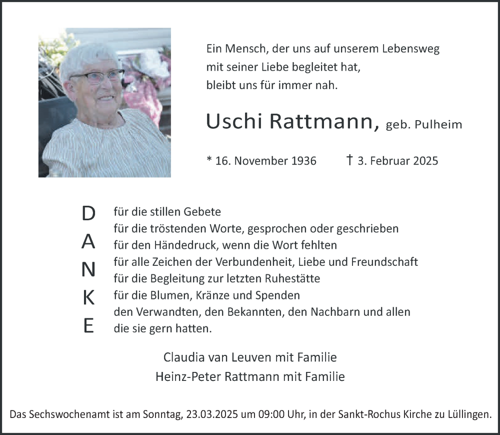  Traueranzeige für Uschi Rattmann vom 15.03.2025 aus NNA