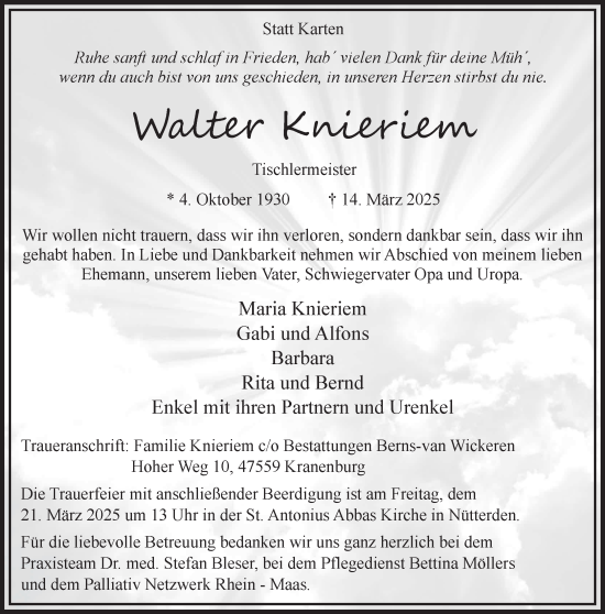Traueranzeige von Walter Knieriem von NNA