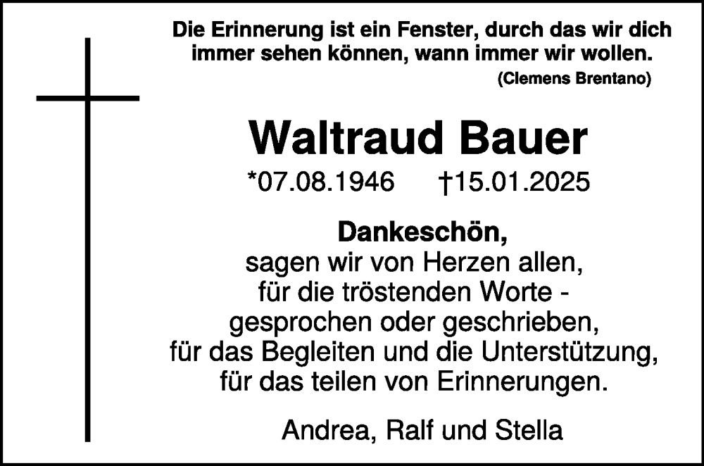  Traueranzeige für Waltraud Bauer vom 15.03.2025 aus NNA