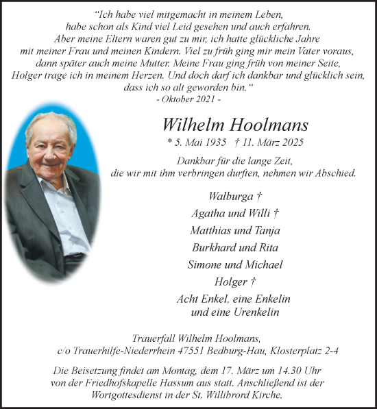 Traueranzeige von Wilhelm Hoolmans von NNA