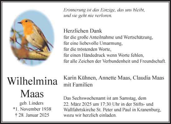 Traueranzeige von Wilhelmina Maas von NNA