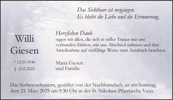 Traueranzeige von Willi Giesen von NNA