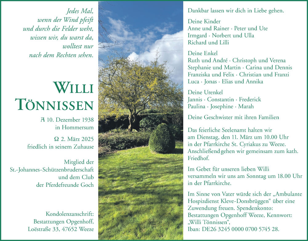  Traueranzeige für Willi Tönnissen vom 08.03.2025 aus NNA