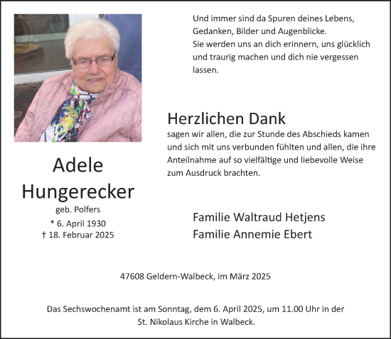 Traueranzeige von Adele Hungerecker von NNA