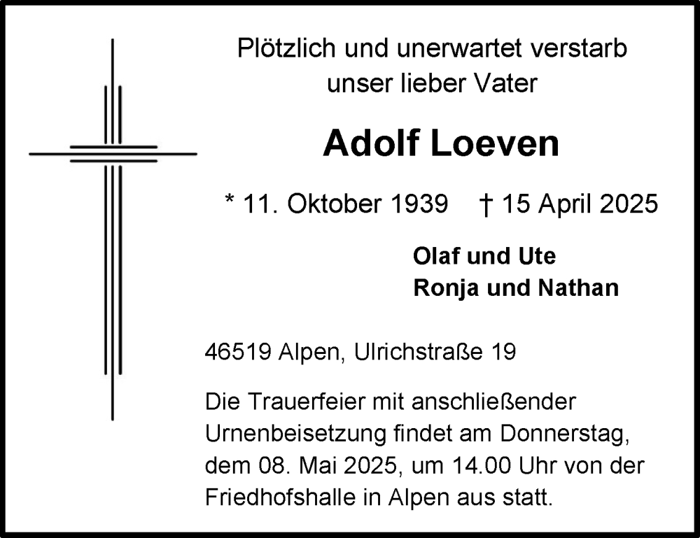  Traueranzeige für Adolf Loeven vom 30.04.2025 aus NNA