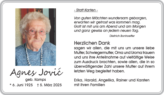 Traueranzeige von Agnes Jovic von NNA