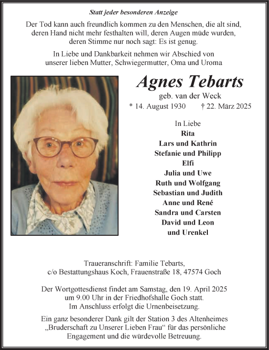 Traueranzeige von Agnes Tebarts von NNA