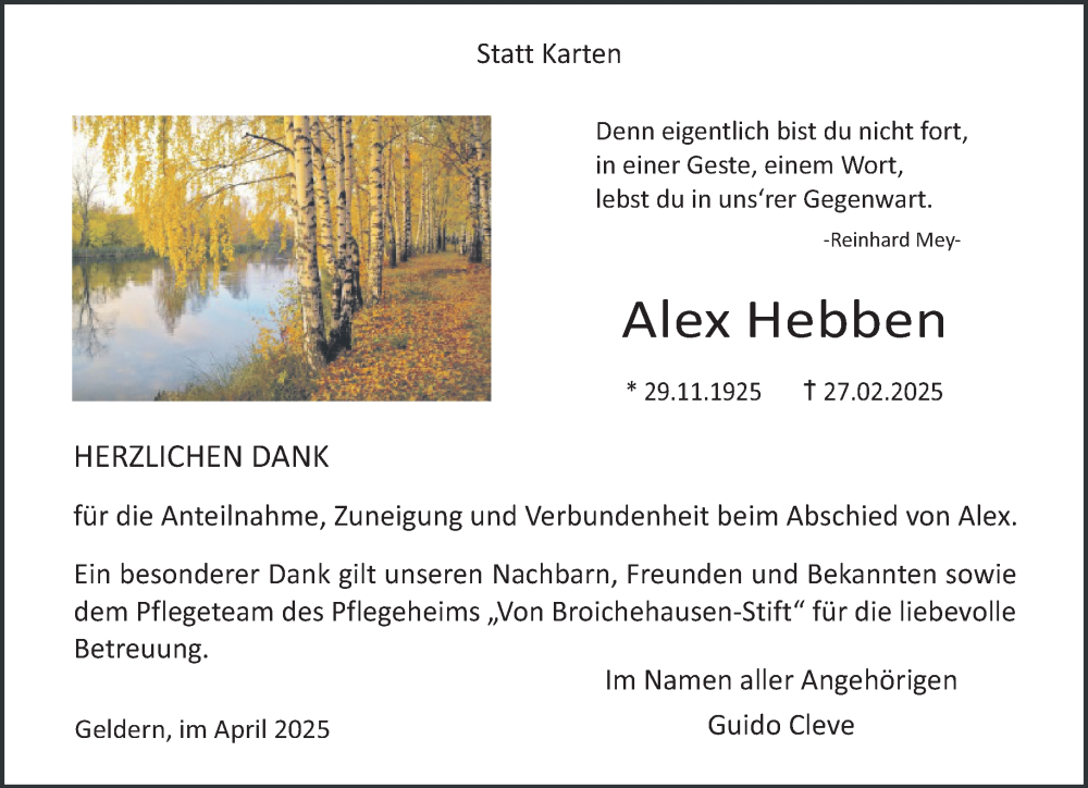  Traueranzeige für Alex Hebben vom 12.04.2025 aus NNA