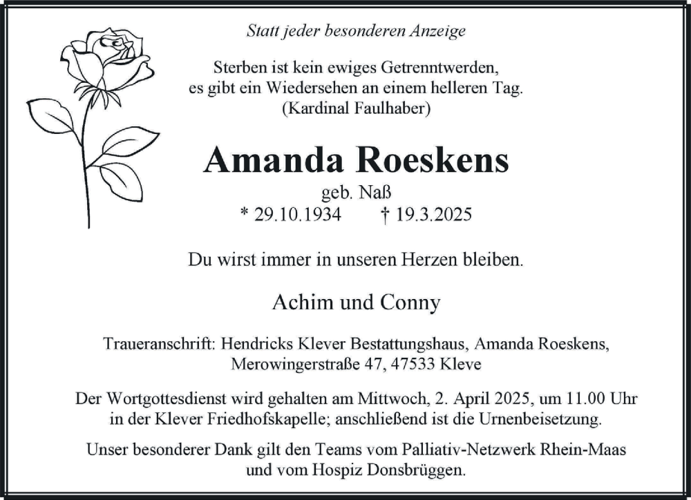  Traueranzeige für Amanda Roeskens vom 29.03.2025 aus NNA