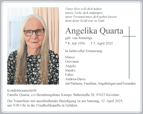 Traueranzeige von Angelika Quarta von NNA