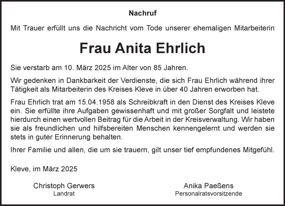  Traueranzeige für Anita Ehrlich vom 22.03.2025 aus NNA