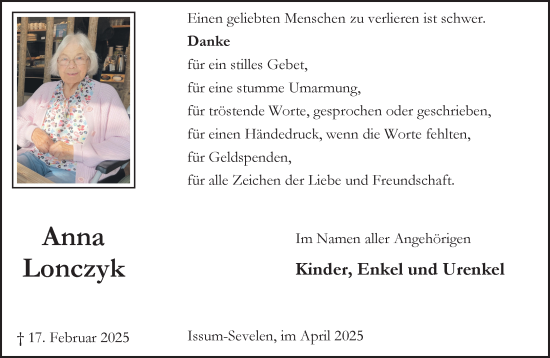Traueranzeige von Anna Lonczyk von NNA