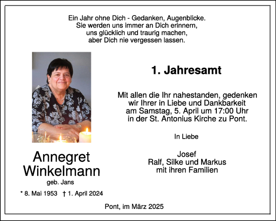 Traueranzeige von Annegret Winkelmann von NNA