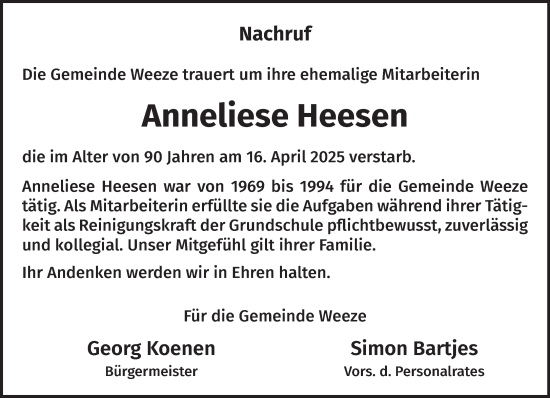 Traueranzeige von Anneliese Heesen von NNA