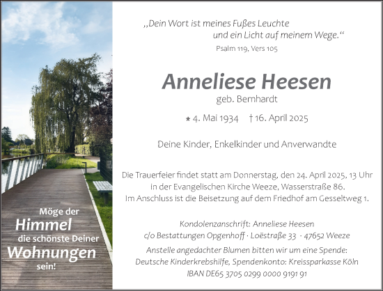 Traueranzeige von Anneliese Heesen von NNA