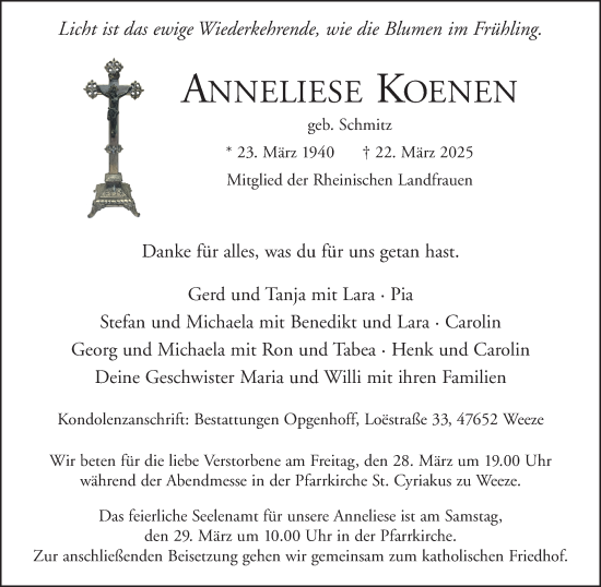 Traueranzeige von Anneliese Koenen von NNA